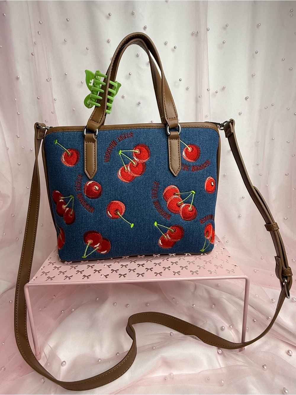 Steve Madden Women's Cherry Print Embroidered Satchel Top Handle Zip Crossbody